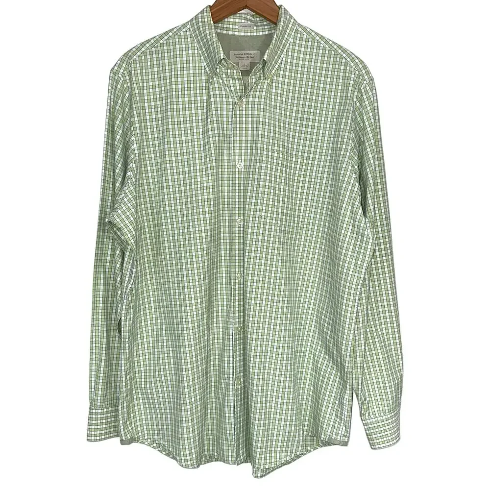 Banana Republic Classic Fit Green Check Button Up Dress Shirt Size Large